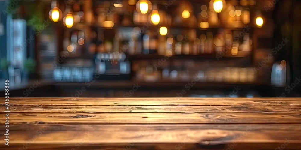 Empty wooden table set in bar or pub counter defining interior of cafe light casting blurred shadows in restaurant drink ambiance at night top view against dark background desk space Empty wooden table set in bar or pub counter defining interior of cafe light casting blurred shadows in restaurant drink ambiance at night top view against dark background desk space