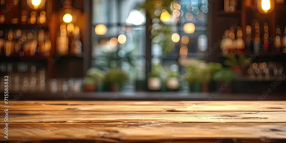 Empty wooden table set in bar or pub counter defining interior of cafe light casting blurred shadows in restaurant drink ambiance at night top view against dark background desk space