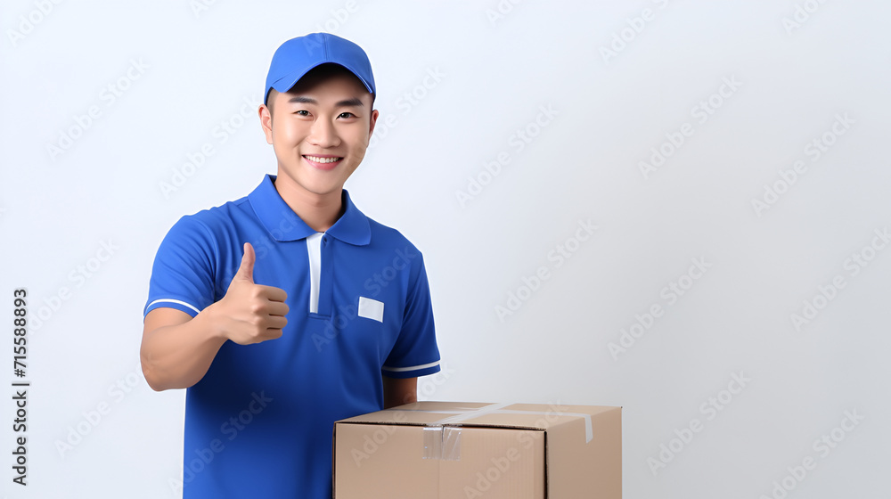 A young guy, a delivery service worker, a courier, of Asian appearance in a blue uniform, holding a box. On a white background A young guy, a delivery service worker, a courier, of Asian appearance in a blue uniform, holding a box. On a white background