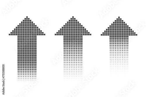 Three black halftone up arrows with pixel pattern on a white background. Retro video game elements. Vintage 8 bit symbol