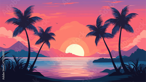 Vectorized serene beach sunset scene with palm trees, embodying the tranquil and picturesque atmosphere of a tropical paradise. simple minimalist illustration creative © J.V.G. Ransika