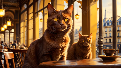 A charming young cat with fluffy orange and black fur sits on a table in a coffee shop, captivating with its cute and beautiful portrait as it gazes directly at the camera with its expressive eyes