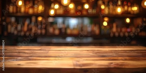 Empty wooden table set in bar or pub counter defining interior of cafe light casting blurred shadows in restaurant drink ambiance at night top view against dark background desk space