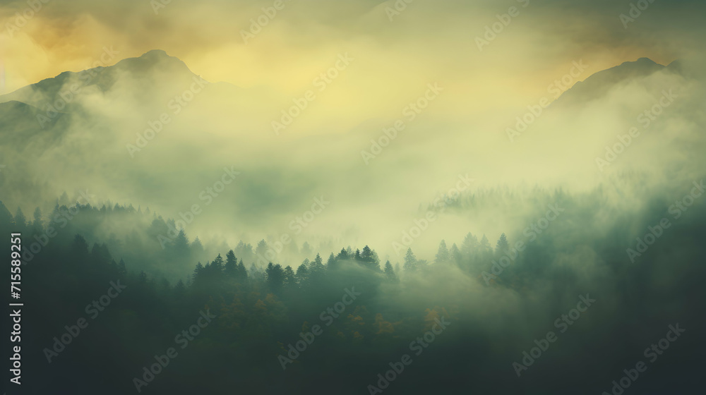 Fog, mist and clouds with subtle gray tones over forest and mountains. Magic panorama wallpaper. Generative ai.