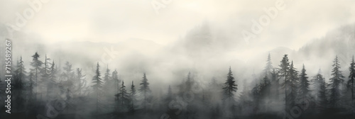 Fog, mist and clouds with subtle gray tones over forest and mountains. Magic panorama wallpaper. Generative ai. © pawczar
