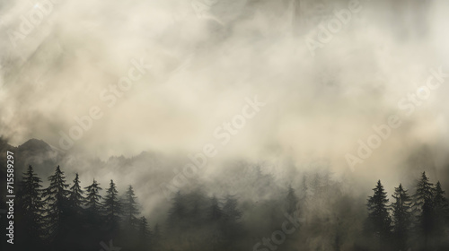 Fog  mist and clouds with subtle gray tones over forest and mountains. Magic panorama wallpaper. Generative ai.