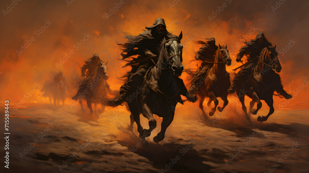 Apocalypse of the Four Horsemen. Dynamic horse riding. Illustration of the destruction of the world. Generative ai.