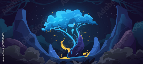 Fantasy tree landscape. Cartoon old forest with trees and bushes, ancient wood scene with fairy tale sacred tree. Vector illustration