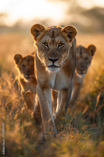 Leoa e dois filhotes caminhando na savana - Papel de parede photo