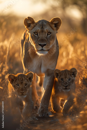 Leoa e dois filhotes caminhando na savana - Papel de parede photo