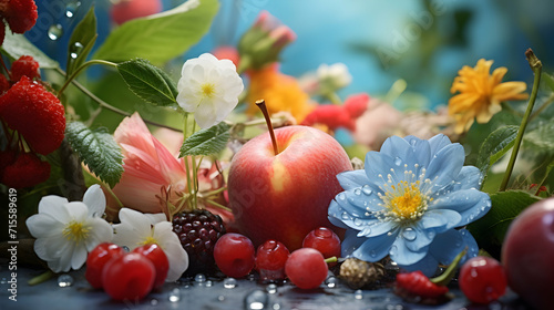 Fruits and bright summer flowers on a background of blue foliage in a fairy garden. Seasonal wallpaper, panoramic header, raw food, generative ai