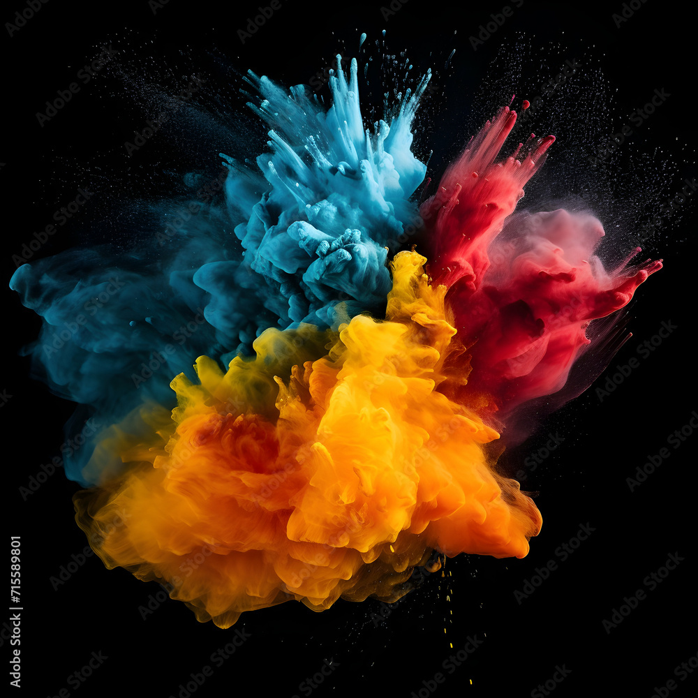 Fototapeta premium Powder explosion isolated on dark black background. Colored paint splash, generative ai
