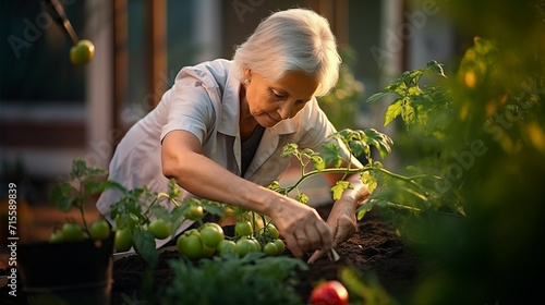 An elderly gray-haired woman works in a greenhouse