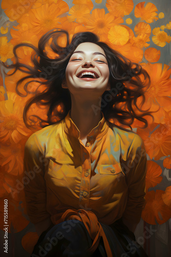 Very happy and smiling young woman with her hair flowing in the wind, female joy, generative ai