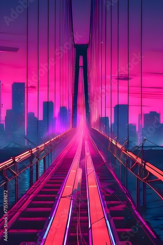 Electric Dusk, Neon-Painted Bridge Against the Urban Twilight