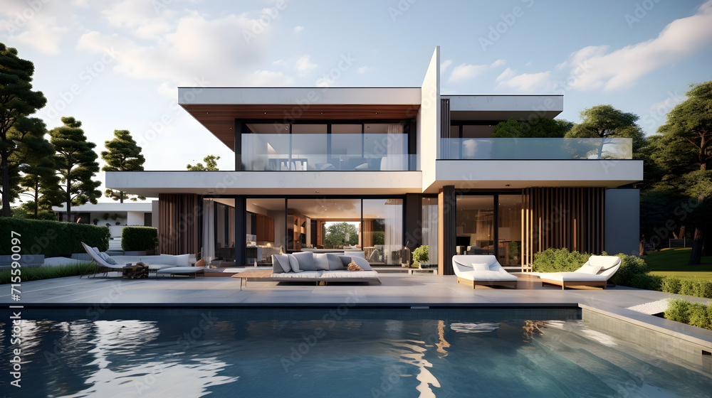 Modern villa with open plan living and private bedroom wing with small terrace for relaxation, real estate brochure advertisement, generative ai - obrazy, fototapety, plakaty 