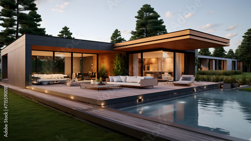 Modern villa with open plan living and private bedroom wing with small terrace for relaxation, real estate brochure advertisement, generative ai © pawczar