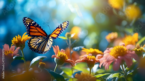 Monarch orange butterfly and bright summer flowers on seasonal background of blue foliage in a fairy garden. Spring summer wallpaper. Generative ai. © pawczar