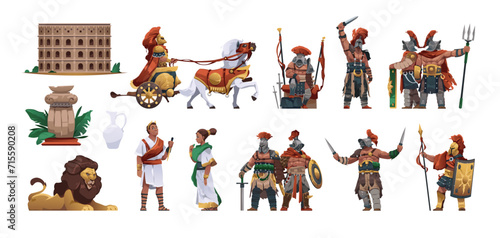 Ancient Rome citizens. Cartoon ancient roman man and woman, antique roman army and gladiator character in armor, persons in historic clothes. Vector set