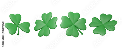 Set of green clover leaves in different angles. 3D shamrock. St. Patrick's Day element render in plastic style. Cartoon vector illustration isolated on white background. Traditional irish symbol.