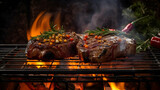 Roast beef steaks with vegetables and spices fly over the blazing grill barbecue fire. Seasonal background.