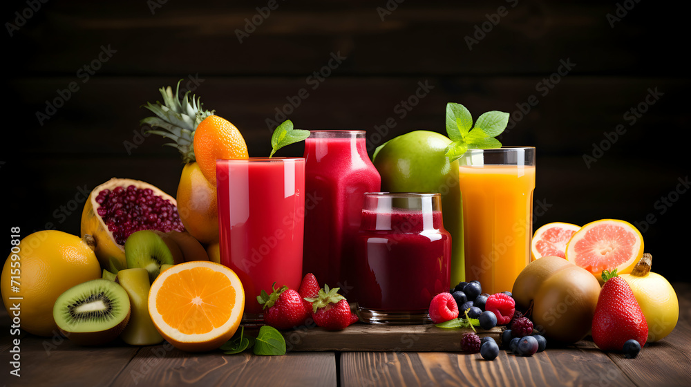 Vibrant Fruit Juices Displayed on Wood Table against black background Vibrant Fruit Juices Displayed on Wood Table against black background