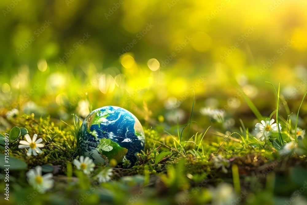A miniature globe nestled among a bed of flowers, symbolizing environmental care and Earth Day A miniature globe nestled among a bed of flowers, symbolizing environmental care and Earth Day