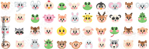 Set, collection of cute head, face animals on png transparent background. Happy fun joy face kawaii pets for kids. Cartoon kawaii cutie zoo, wild animals vector illustration