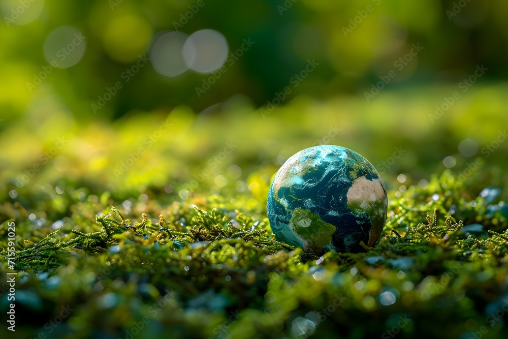 A miniature globe nestled among a bed of flowers, symbolizing environmental care and Earth Day A miniature globe nestled among a bed of flowers, symbolizing environmental care and Earth Day