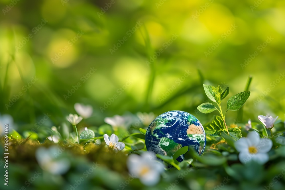 A miniature globe nestled among a bed of flowers, symbolizing environmental care and Earth Day A miniature globe nestled among a bed of flowers, symbolizing environmental care and Earth Day
