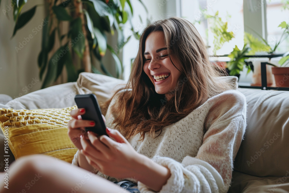 Young woman sitting in sofa smiling looking at phone Young woman sitting in sofa smiling looking at phone