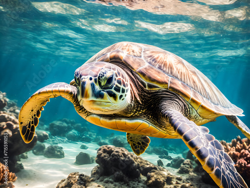  a green sea turtle gracefully swimming amidst colorful coral reefs and tropical marine life in the clear blue ocean