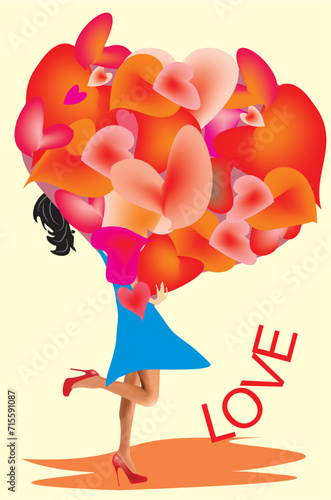 composition with a girl who holds red hearts,