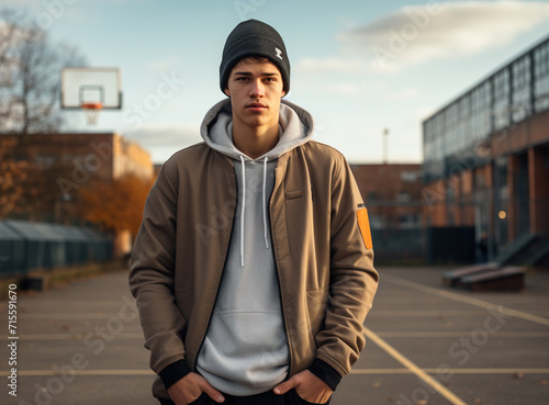 teenager looking at camera with city background