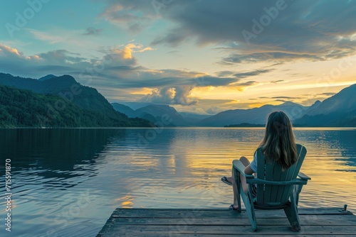 woman enjoy sit calm day dream on cozy chair at river pier, Wide view of mountains with cloud dawn dusk sky