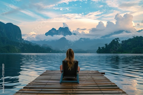 woman enjoy sit calm day dream on cozy chair at river pier, Wide view of mountains with cloud dawn dusk sky