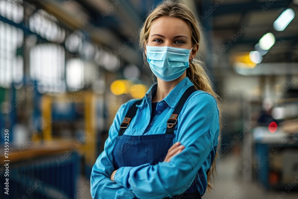 Factory woman worker or technician with hygienic mask stand with confident action Factory woman worker or technician with hygienic mask stand with confident action