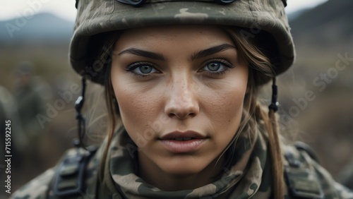 Portrait of a beautiful female soldier wearing camouflage on a base camp background from Generative AI © sevenSkies