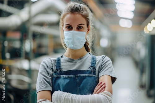 Factory woman worker or technician with hygienic mask stand with confident action