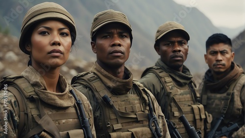 Portrait of diverse inclusive multi ethnic soldiers on a base camp background from Generative AI