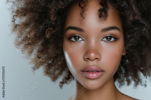 Beautiful african american girl with curly hair, isolated on grey