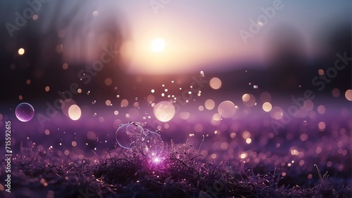 Purple circles energy particles blurred bokeh bright glowing abstract background from Generative AI