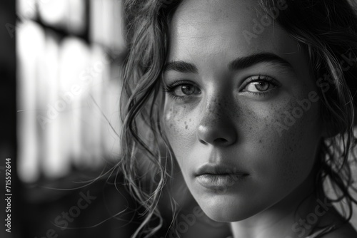 Black and white portrait of a beautiful girl with freckles on her face