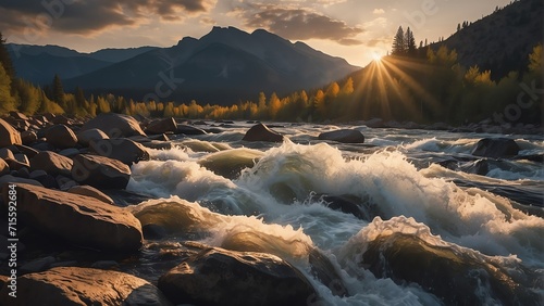 Rapid river water wavy current on a rocky mountain side at sunset from Generative AI