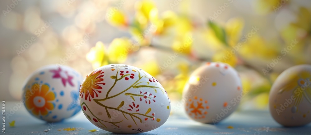 Easter eggs with spring blossom on bokeh background.