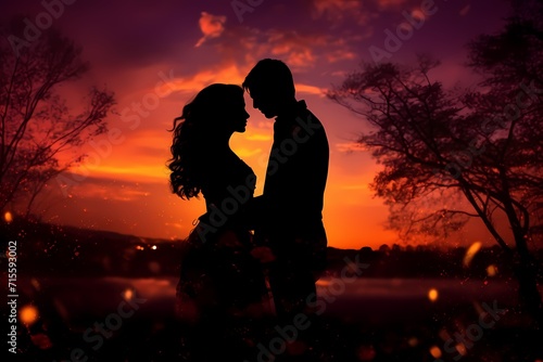 A couple embracing under a vibrant sunset, their silhouettes beautifully illuminated.