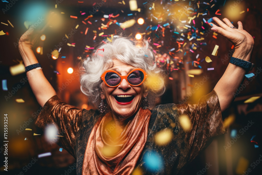 Happy seniorr lady at Birthday party. Baloon and confetti Happy seniorr lady at Birthday party. Baloon and confetti