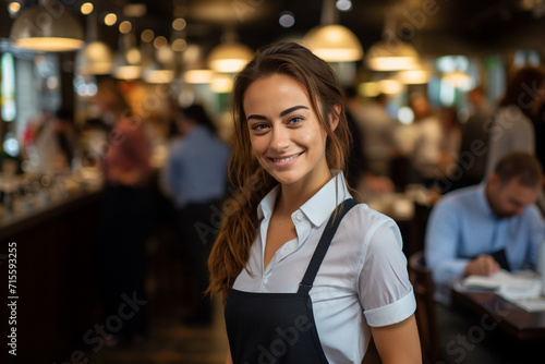 Happy young woman standing in her cafe