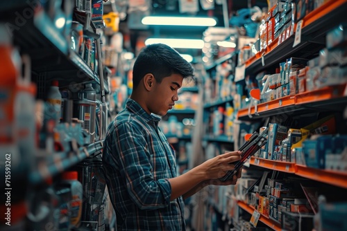 Young latin man working in hardware store photo