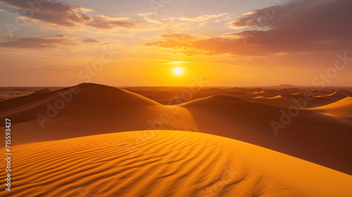 The golden hues of a desert sunset casting a warm glow over the textured dunes © Venka